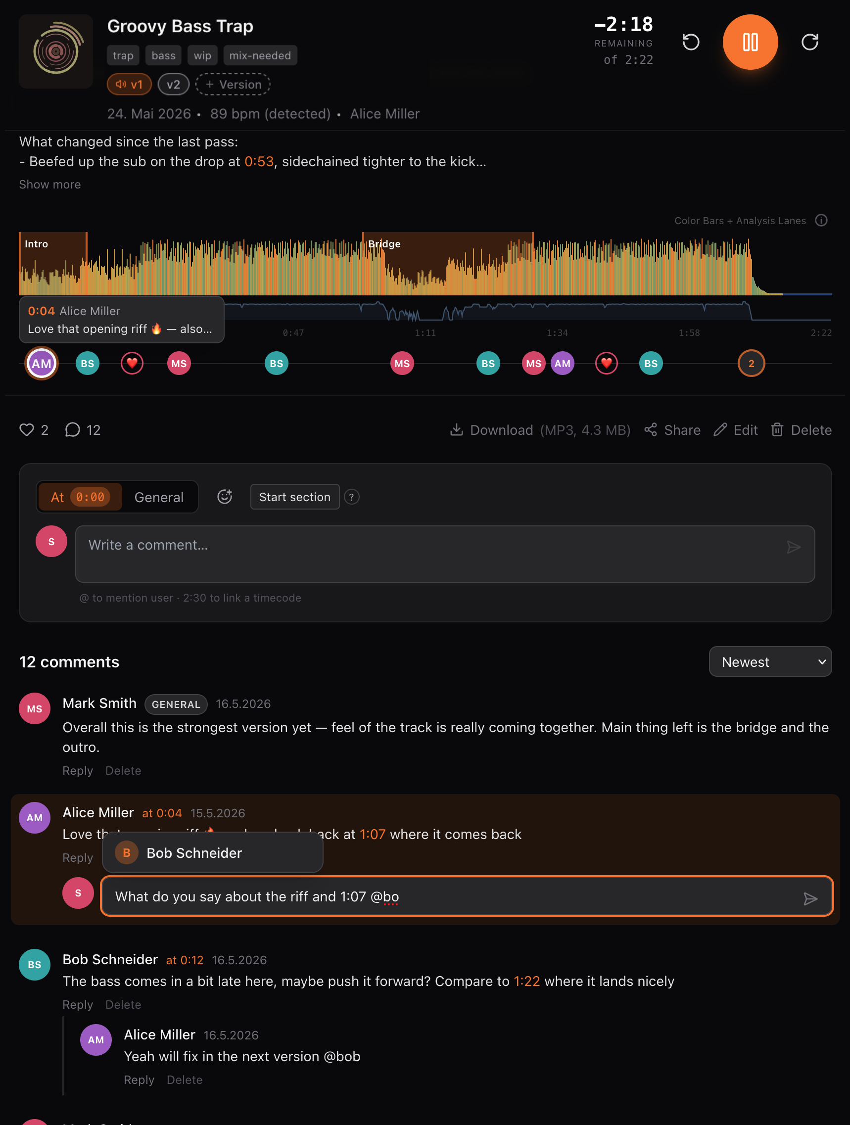 NoiseJar audio file detail view, showing a waveform with section markers, timestamped comments and threaded replies.